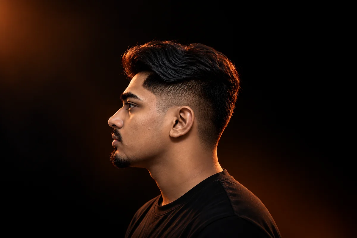 Roop Saha in side profile, with warm orange rim lighting.
